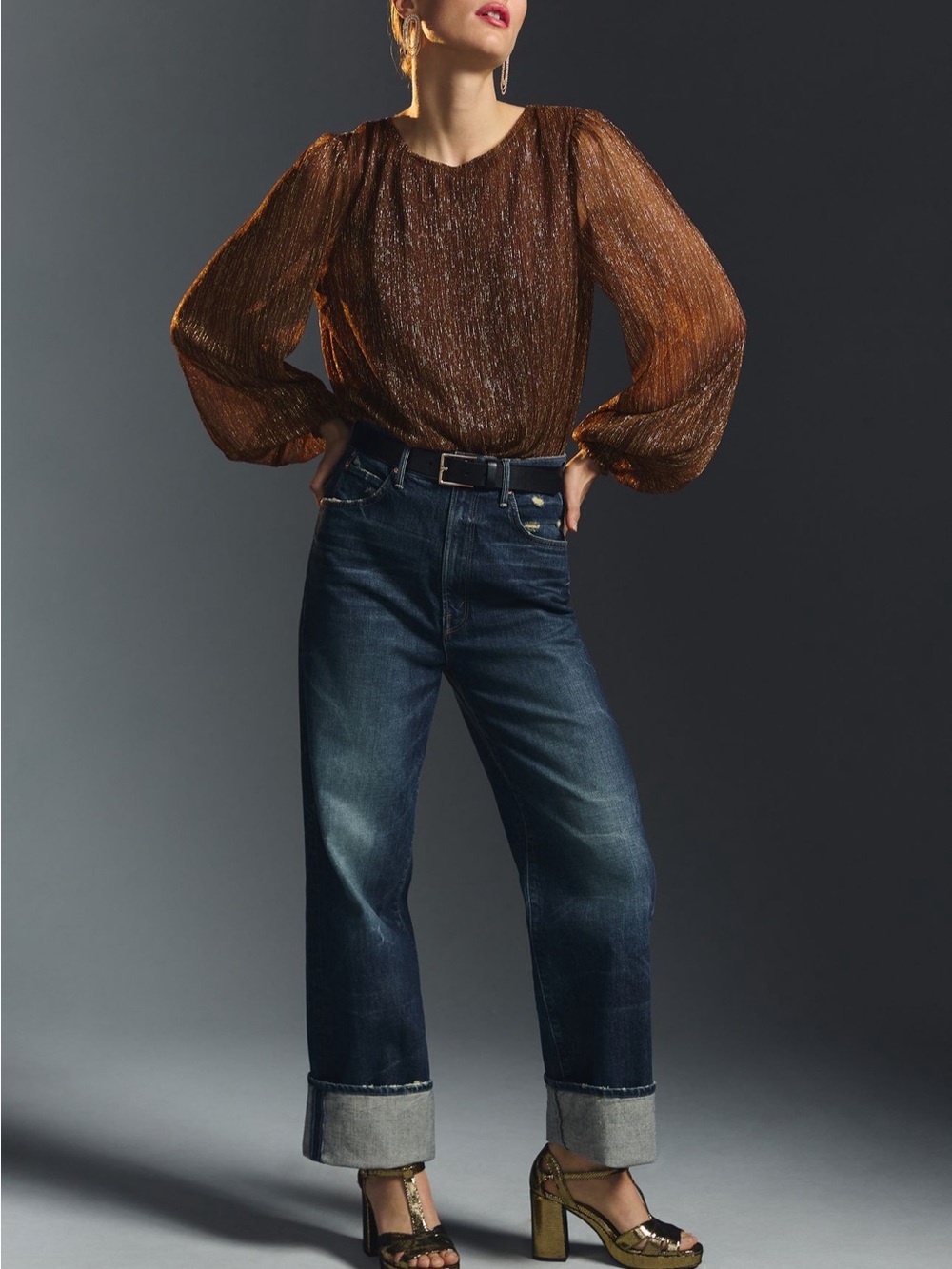The Odells Eileen Shimmer Top - Anthropologie Brown Metallic Puff-Sleeve Blouse